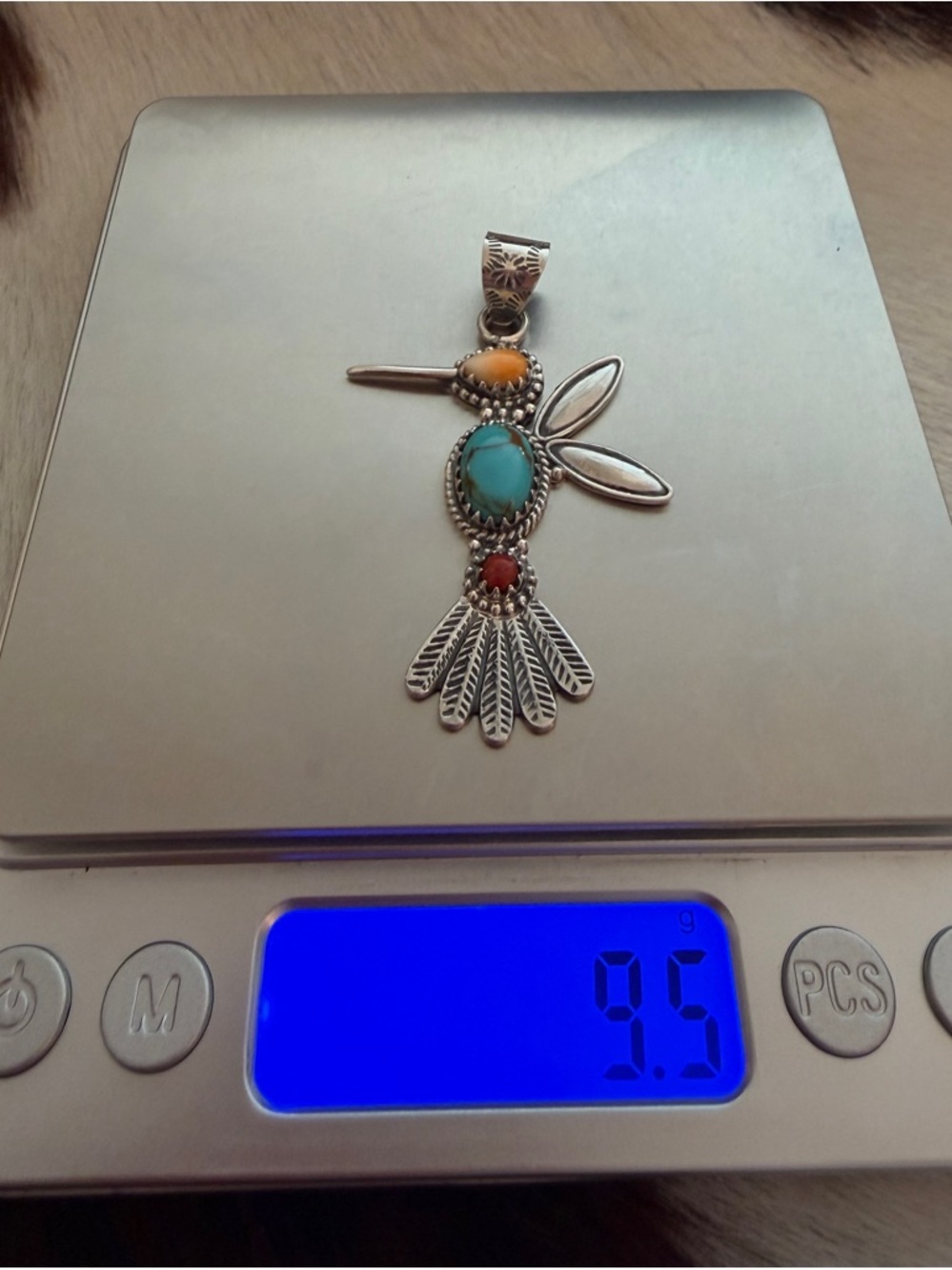 ❤️ Spiny Oyster, Kingman Turquoise Red Coral Hummingbird Navajo Sterling Pendant - Picture 8 of 12